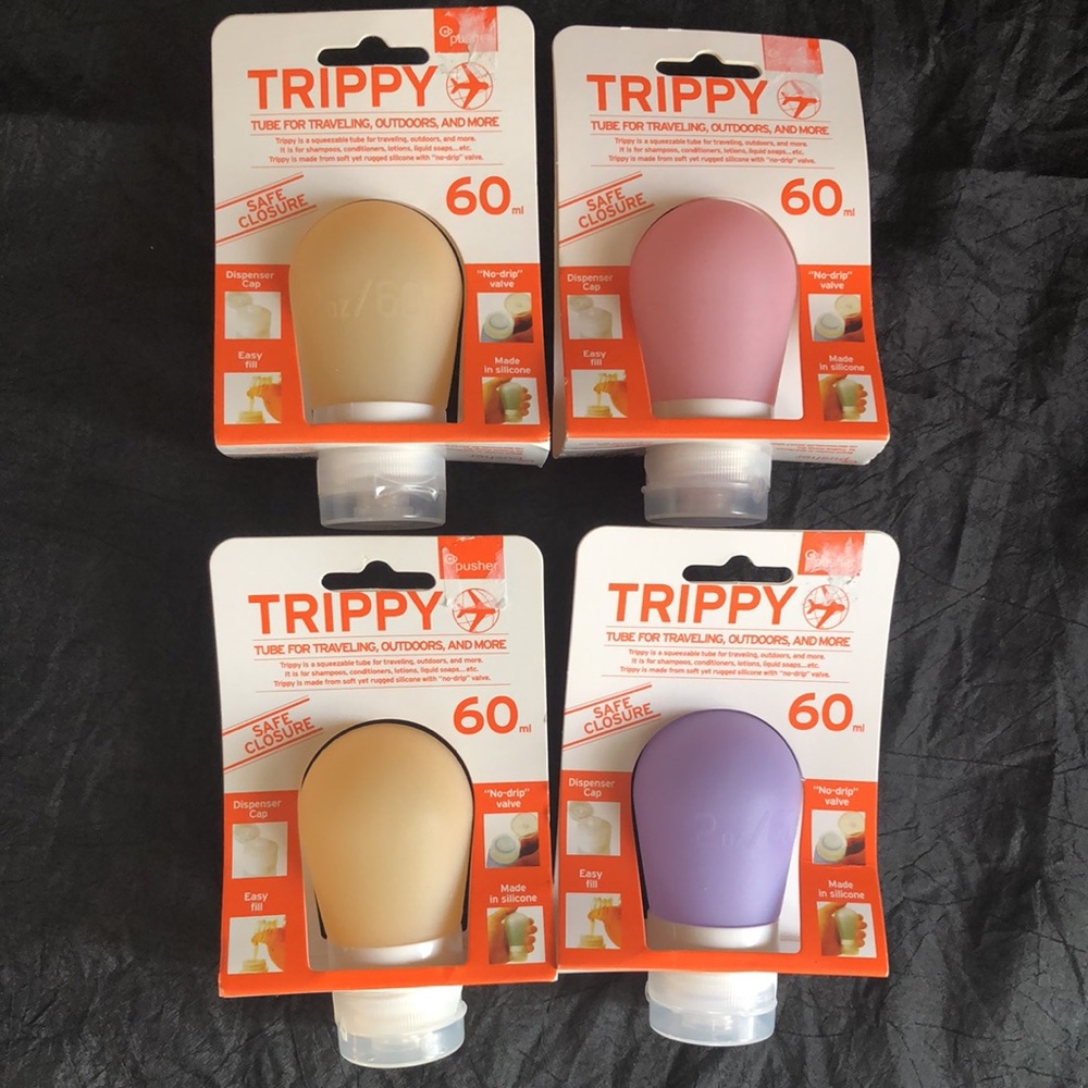 Set of 4 Trippy Silicone No Drip Cosmetic Travel Squeeze Bottles: 2 oz / 60 ml
